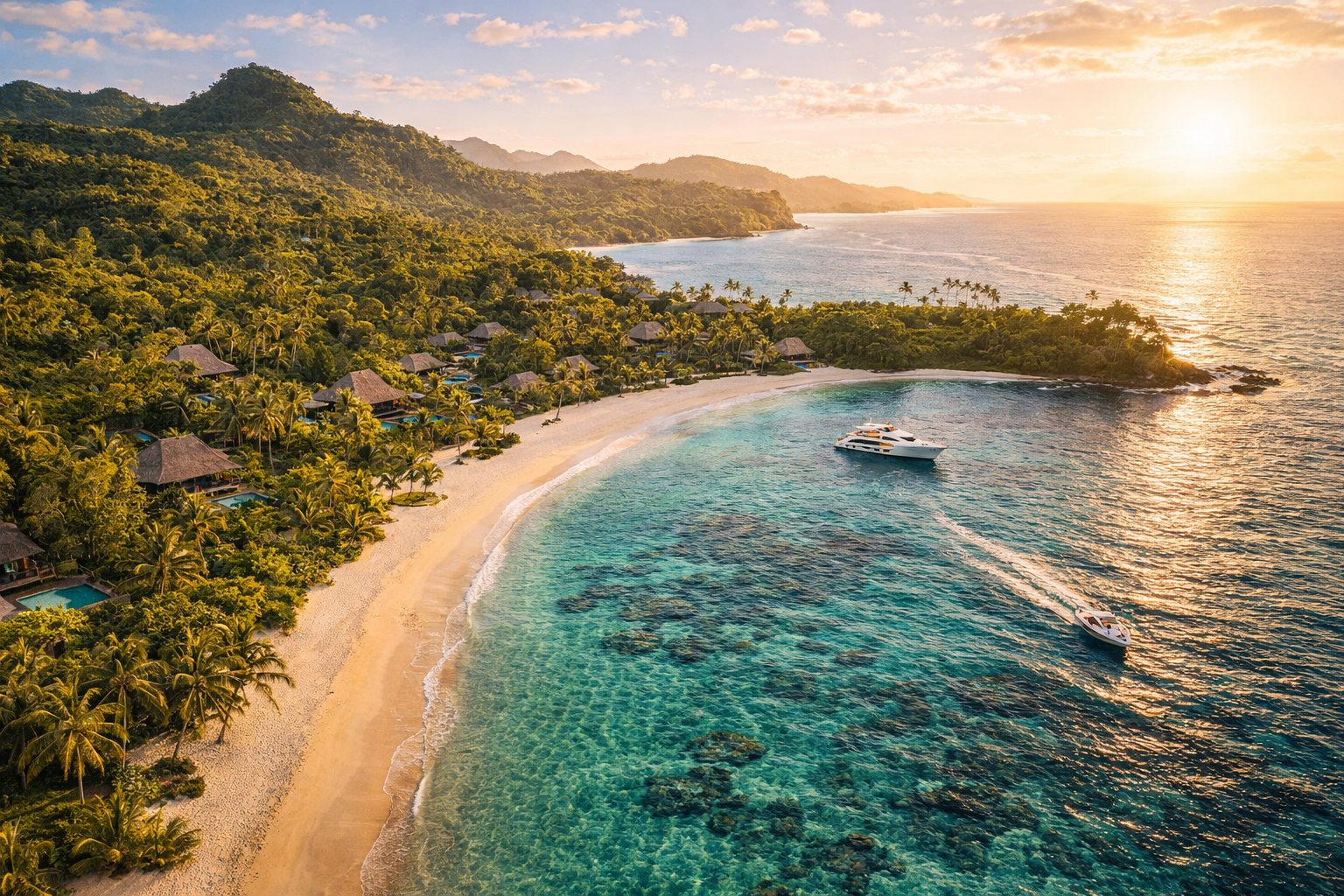 Ostrov Laucala na Fidži s bílými plážemi, tyrkysovou lagunou, tropickým lesem a atmosférou odlehlého prémiového odpočinku