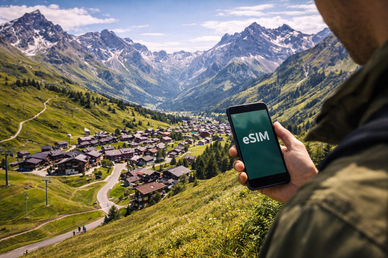 Malbun with mountain slopes, a resort atmosphere, and a traveler using eSIM on a smartphone