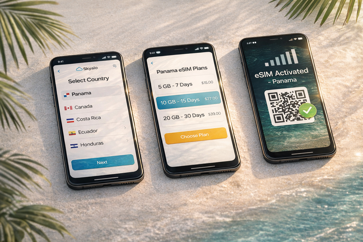 Setting up an eSIM for Panama on three smartphones — selecting the country, choosing a plan, and successful activation