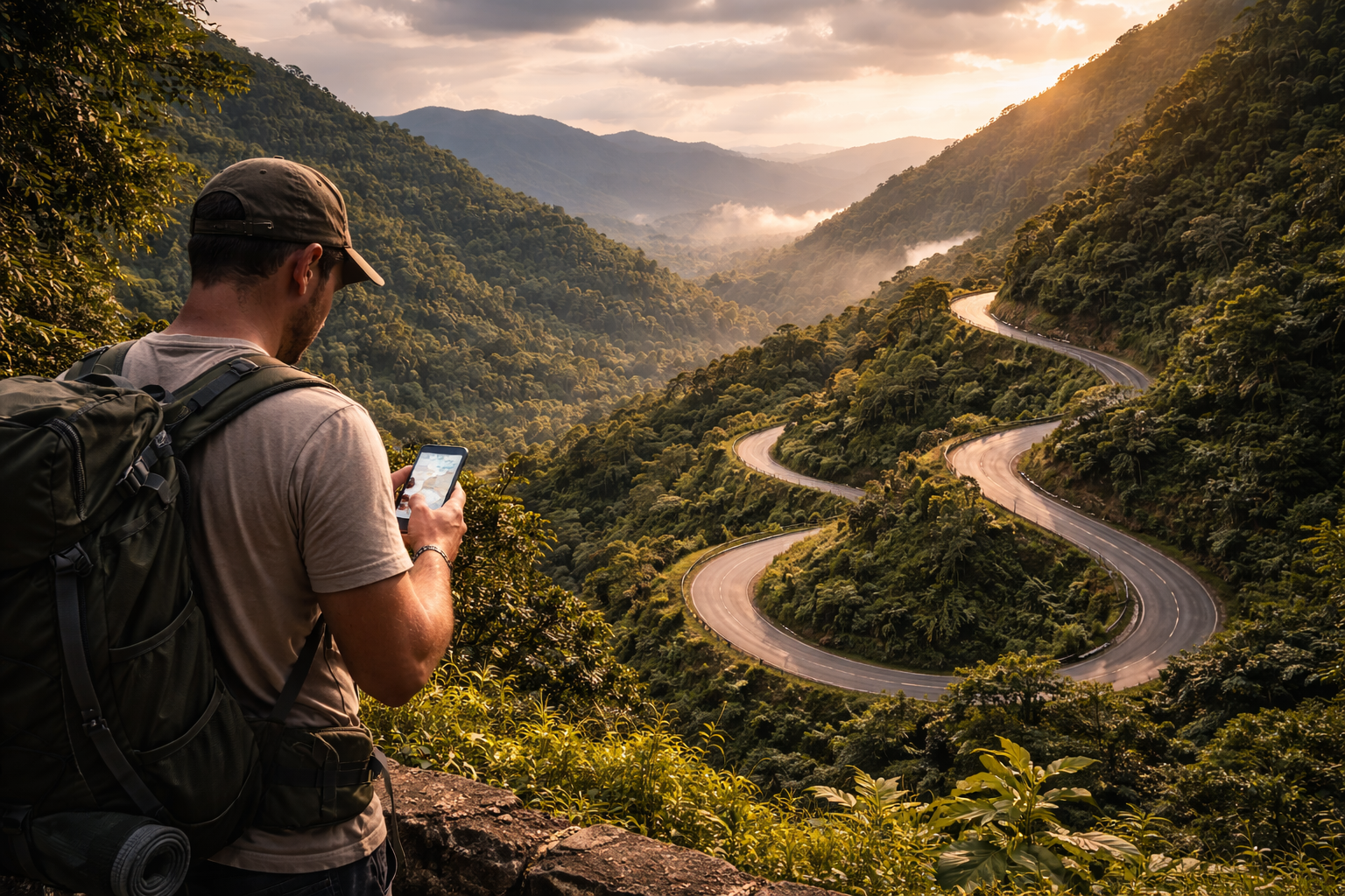 The mountain road of the Ring Road in Cameroon and a traveler with a phone