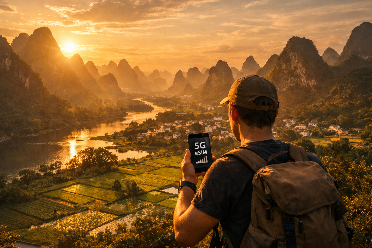 Yangshuo karst mountains and a tourist with a smartphone with an eSIM among rice fields