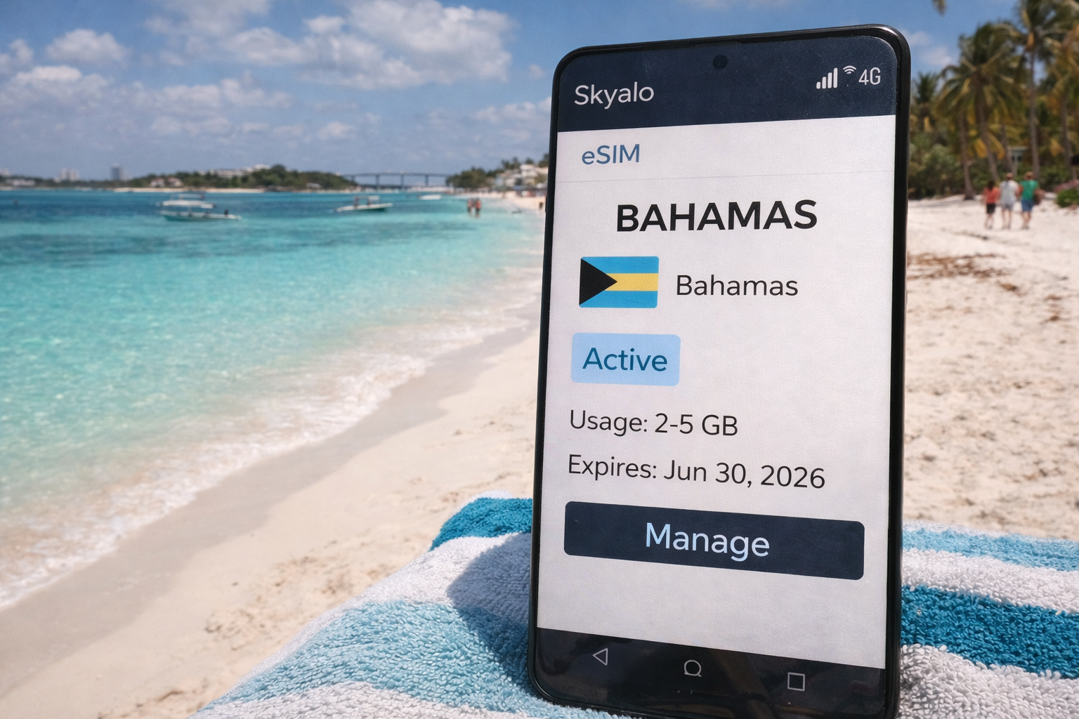 Attivazione di una eSIM per internet mobile alle Bahamas con una spiaggia tropicale sullo sfondo.