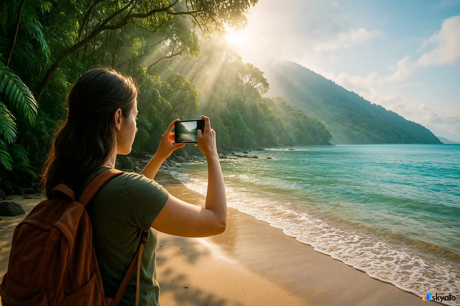 Traveler filming the Great Barrier Reef from shore; tropical forest at her back
