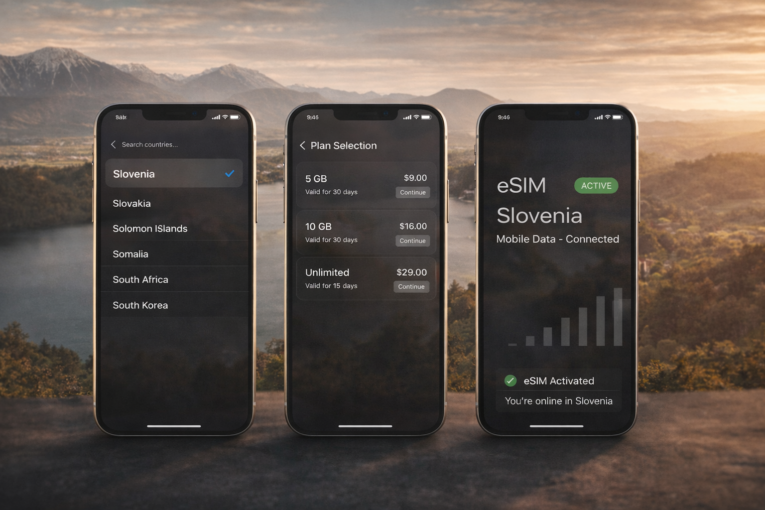 שלושה סמארטפונים עם תהליך שלב-אחר-שלב לחיבור eSIM בסלובניה - בחירת מדינה, בחירת חבילה והפעלה מוצלחת