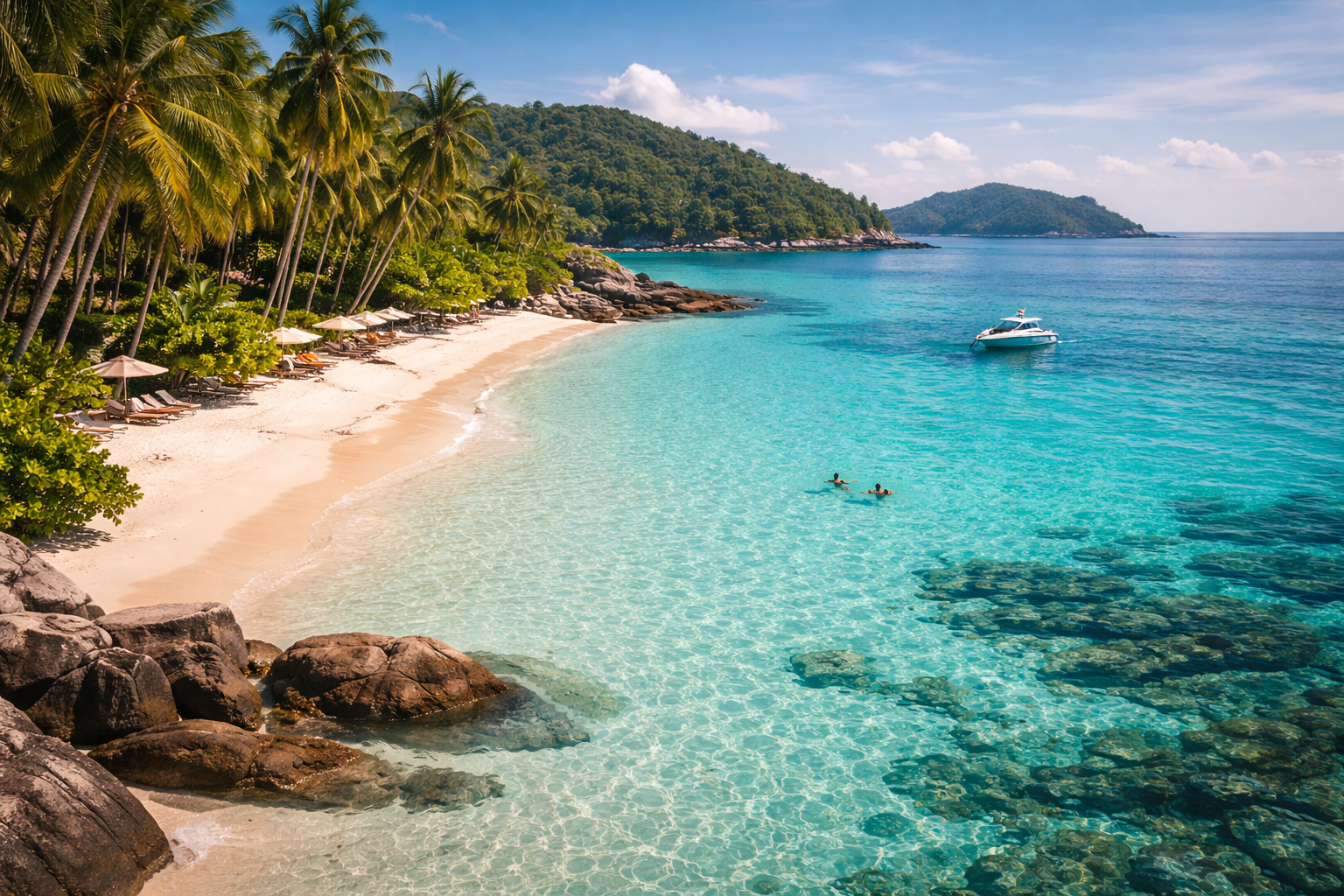 Остров Реданг с белым песком, яркой бирюзовой водой, пальмами и атмосферой спокойного тропического отдыха