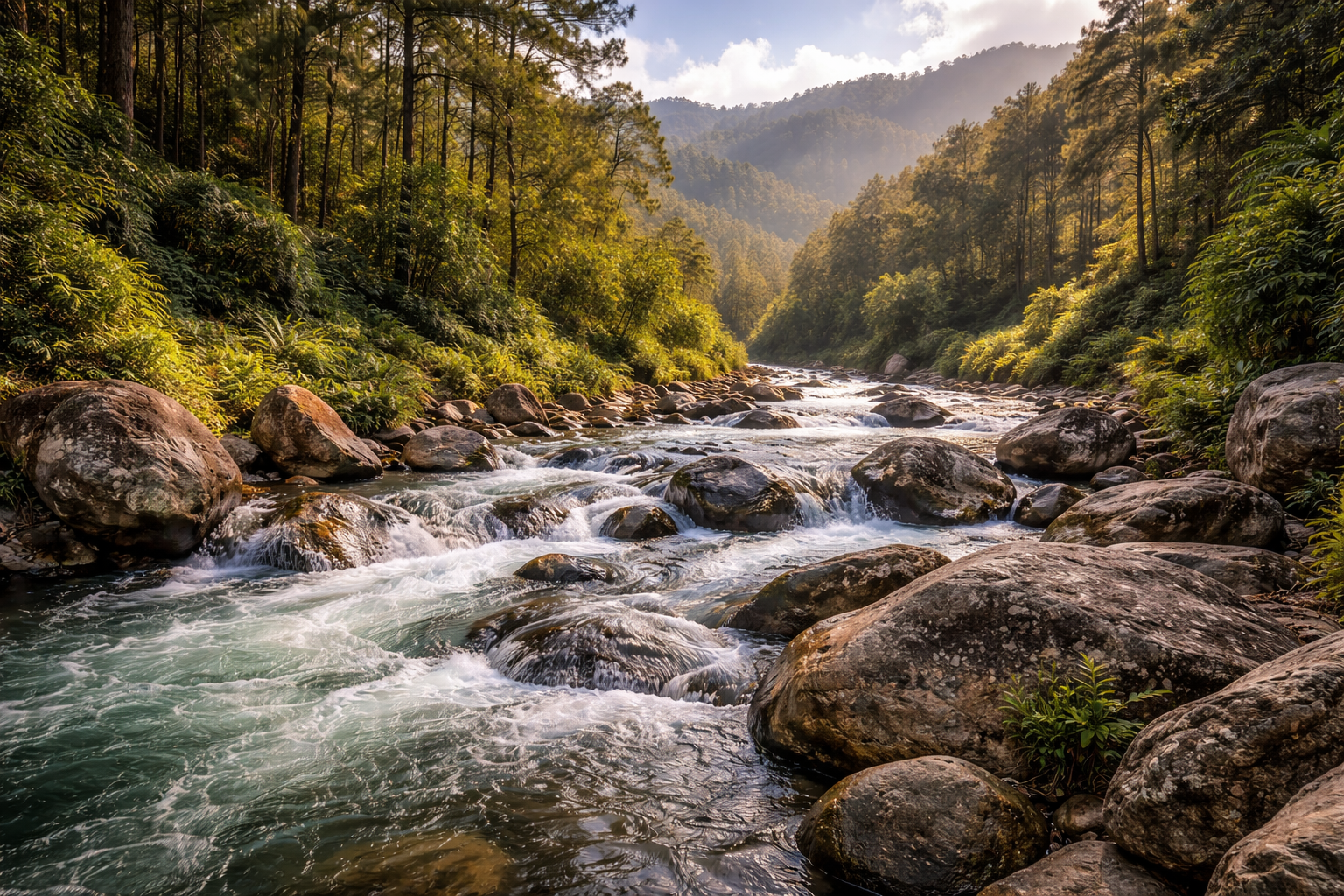 Riu de muntanya a Jarabacoa entre turons verds