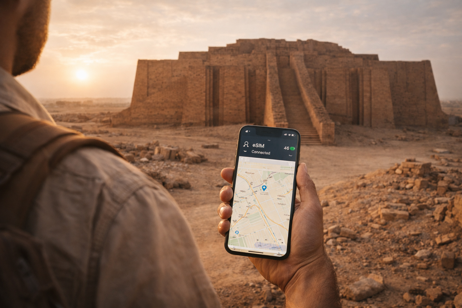 Viajero junto al zigurat de Ur en Irak con internet eSIM activado en el smartphone entre ruinas antiguas
