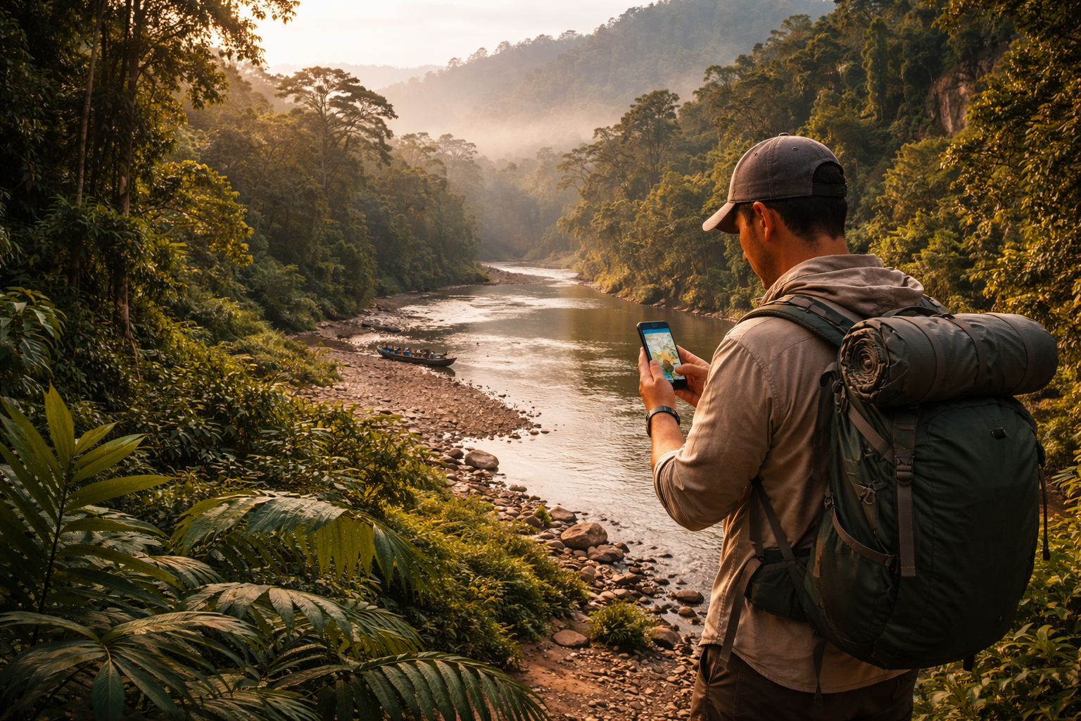 הפארק הלאומי מדידי בבוליביה עם ג'ונגל צפוף, גדת נהר ונוסע המשתמש ב-eSIM בסמארטפון לתכנון המסלול.