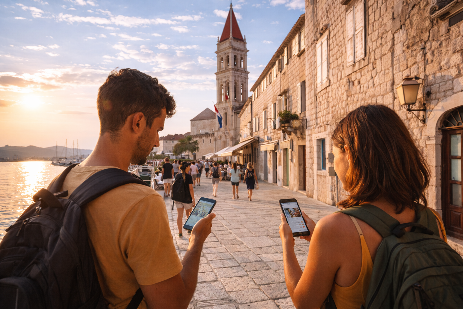 I turisti usano Internet eSIM sullo smartphone durante una passeggiata nel centro storico di Traù