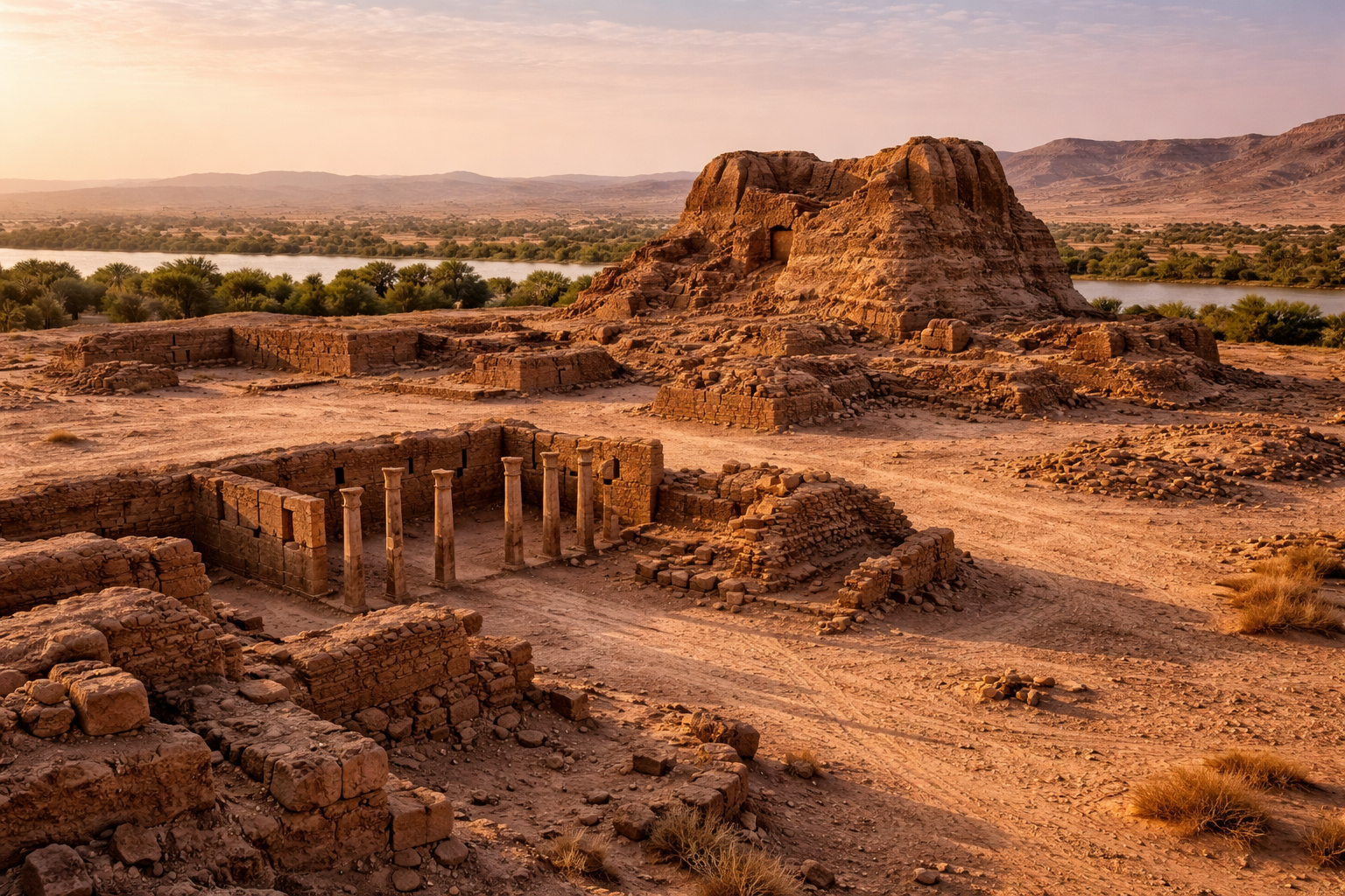 אתר המורשת קרמה בסודן עם חורבות עתיקות, נוף מדברי ואור חם ורך.