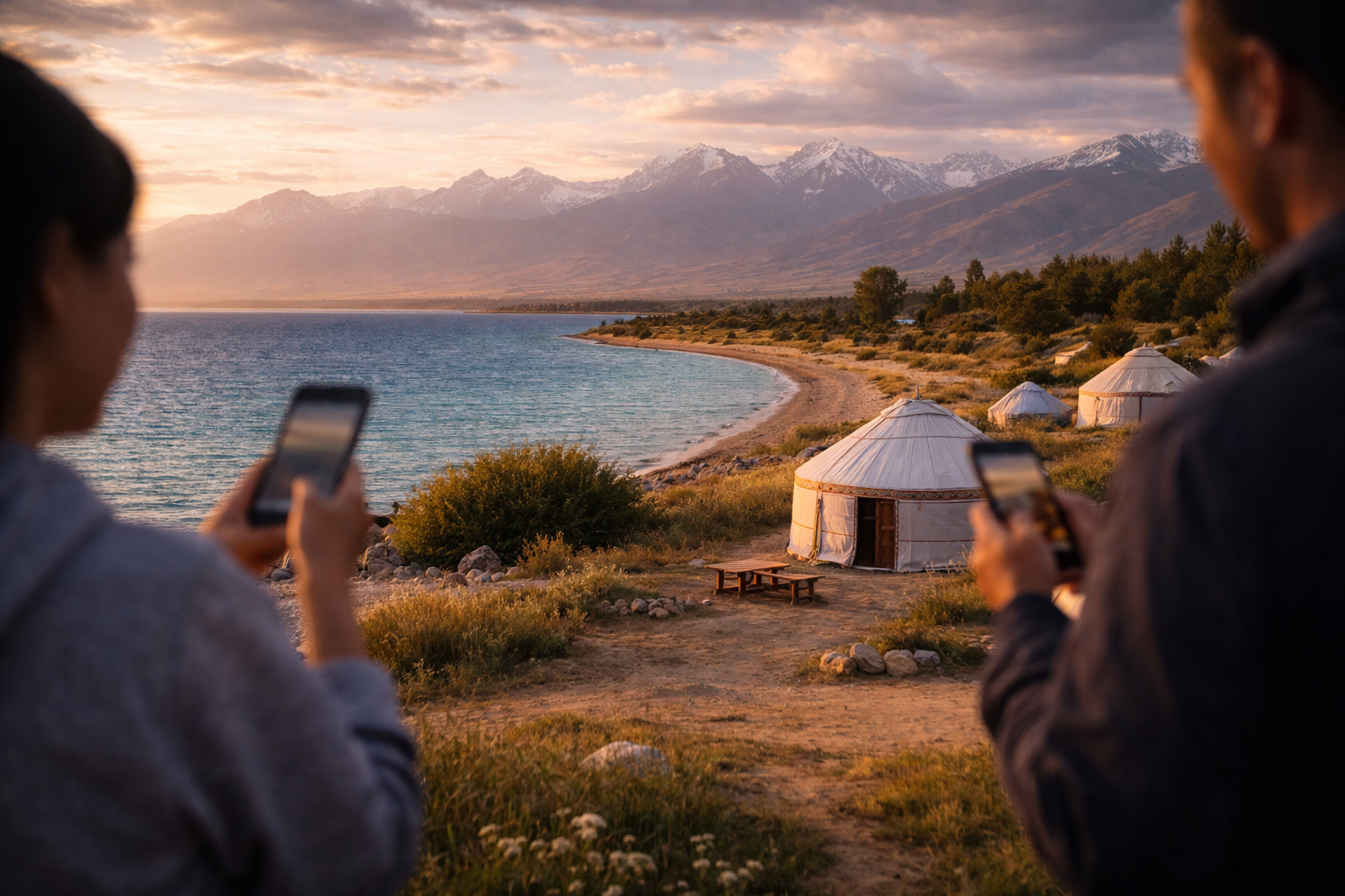 יורטות על החוף הדרומי של איסיק-קול בקירגיזסטן בשקיעה, בחזית אנשים עם סמארטפונים, אור חם ורך והרים ברקע