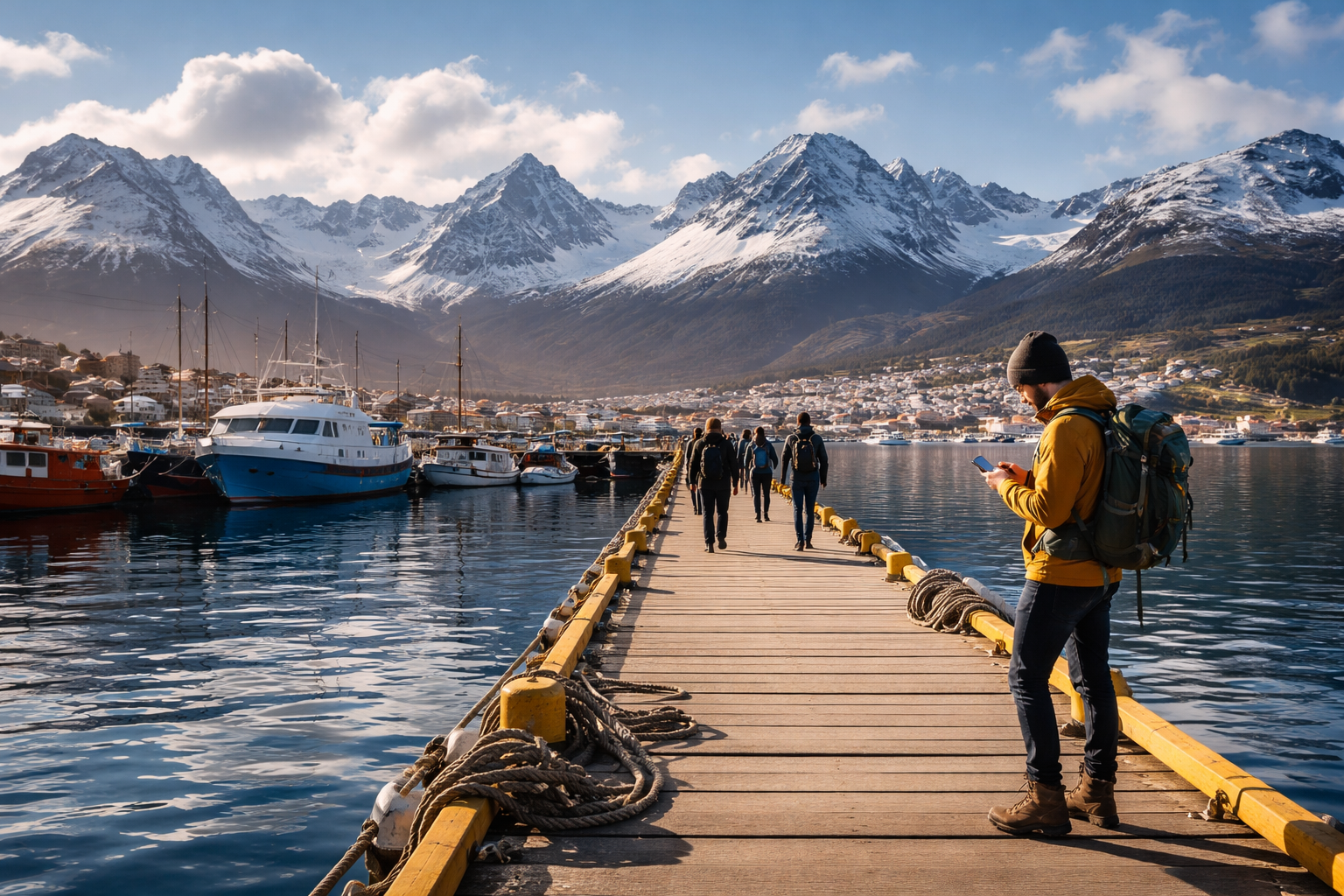 Ushuaia port with mountains in the background and a traveler checking the route on a smartphone with an eSIM
