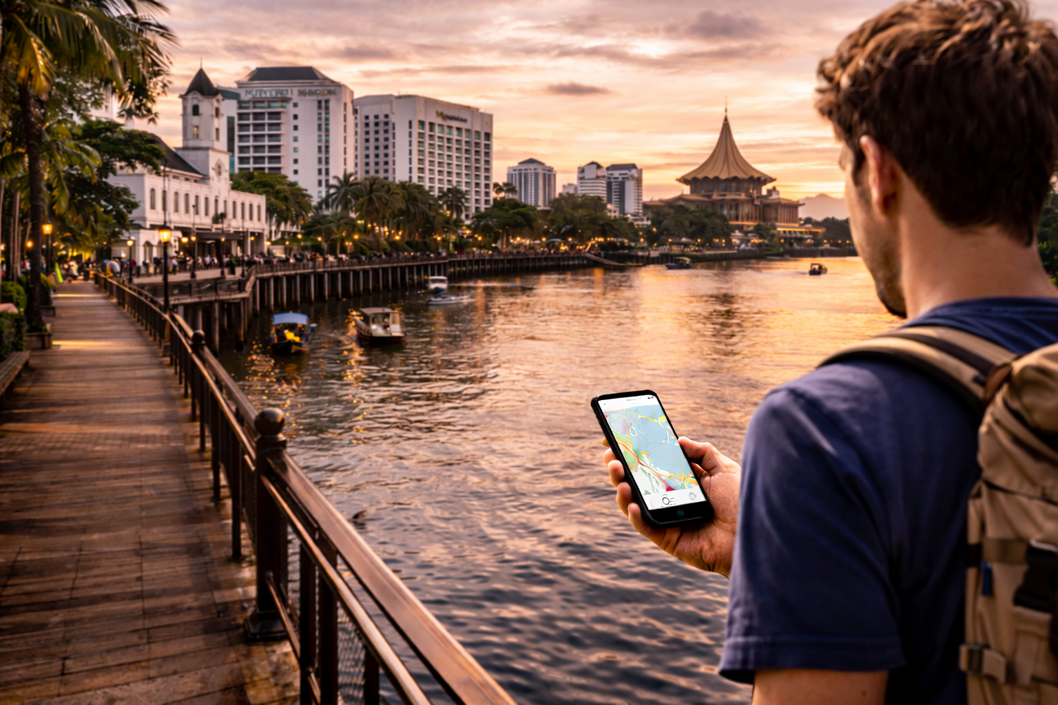 Кучинг с набережной, городской архитектурой и путешественником со смартфоном, использующим eSIM