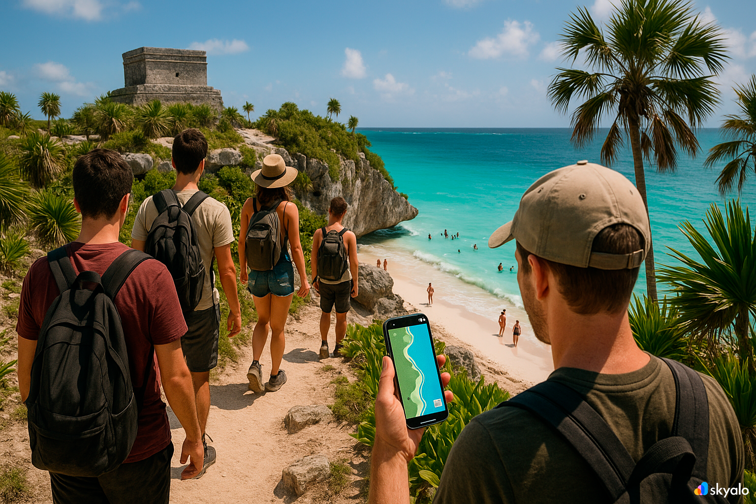Trail route to the beaches by Tulum’s clifftop ruins over the Caribbean; white sand and beachgoers below