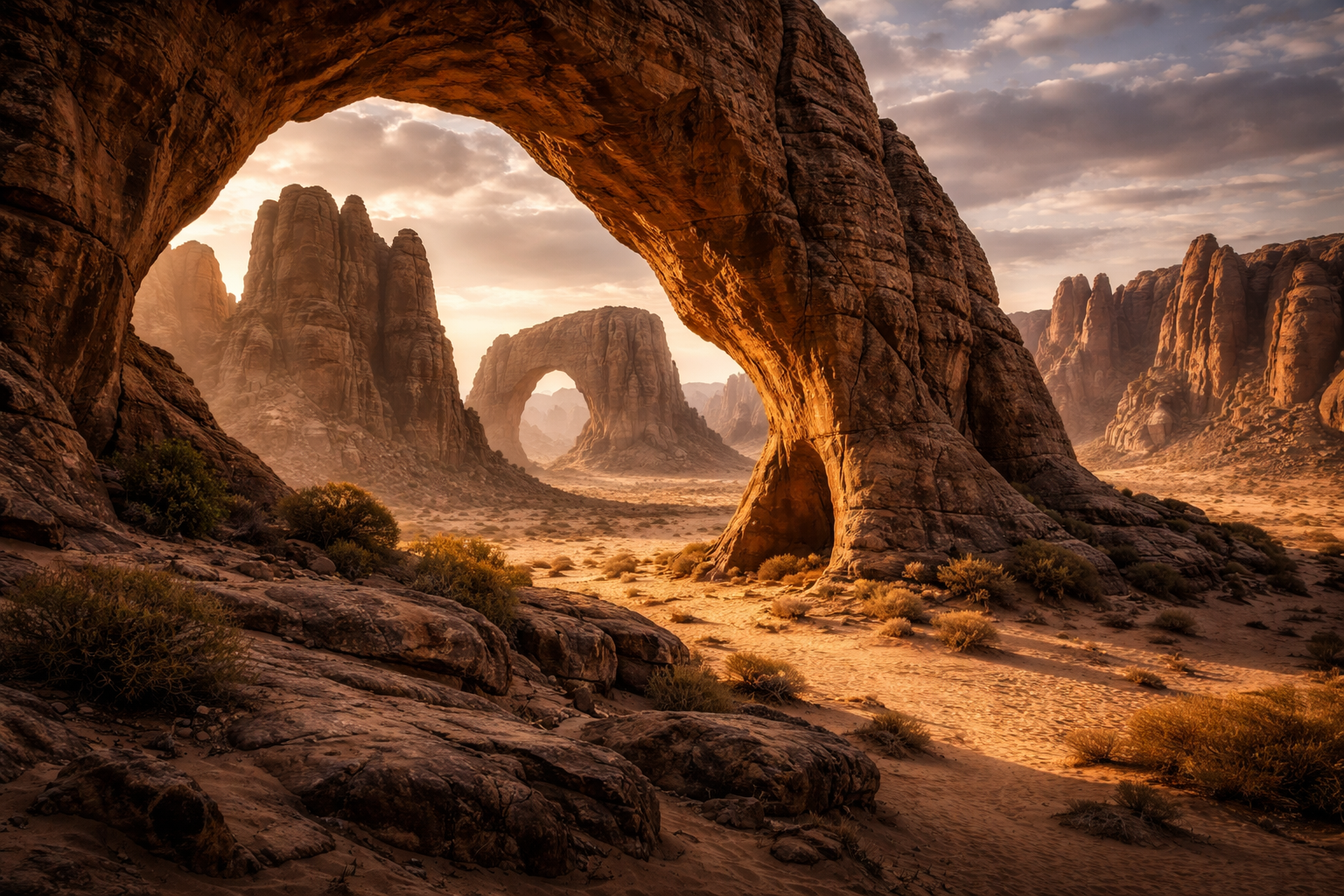 תצורות סלע של רמת אנדי עם קשתות טבעיות במדבר