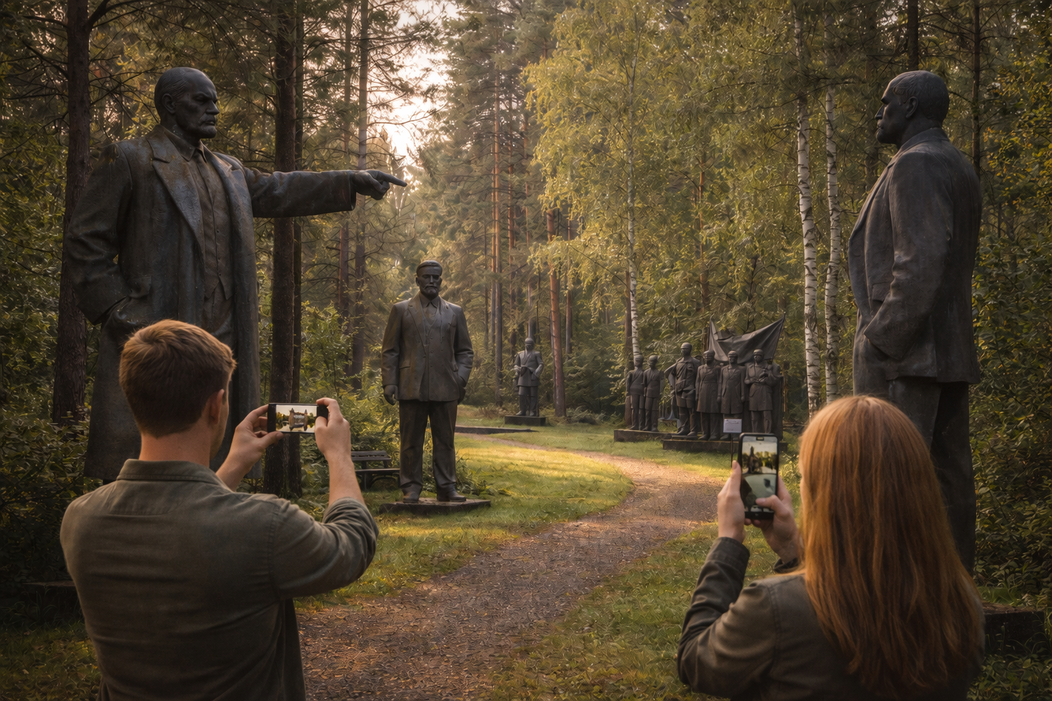 Museum of Soviet sculptures in Grūtas Park and a tourist with a smartphone with an active eSIM.