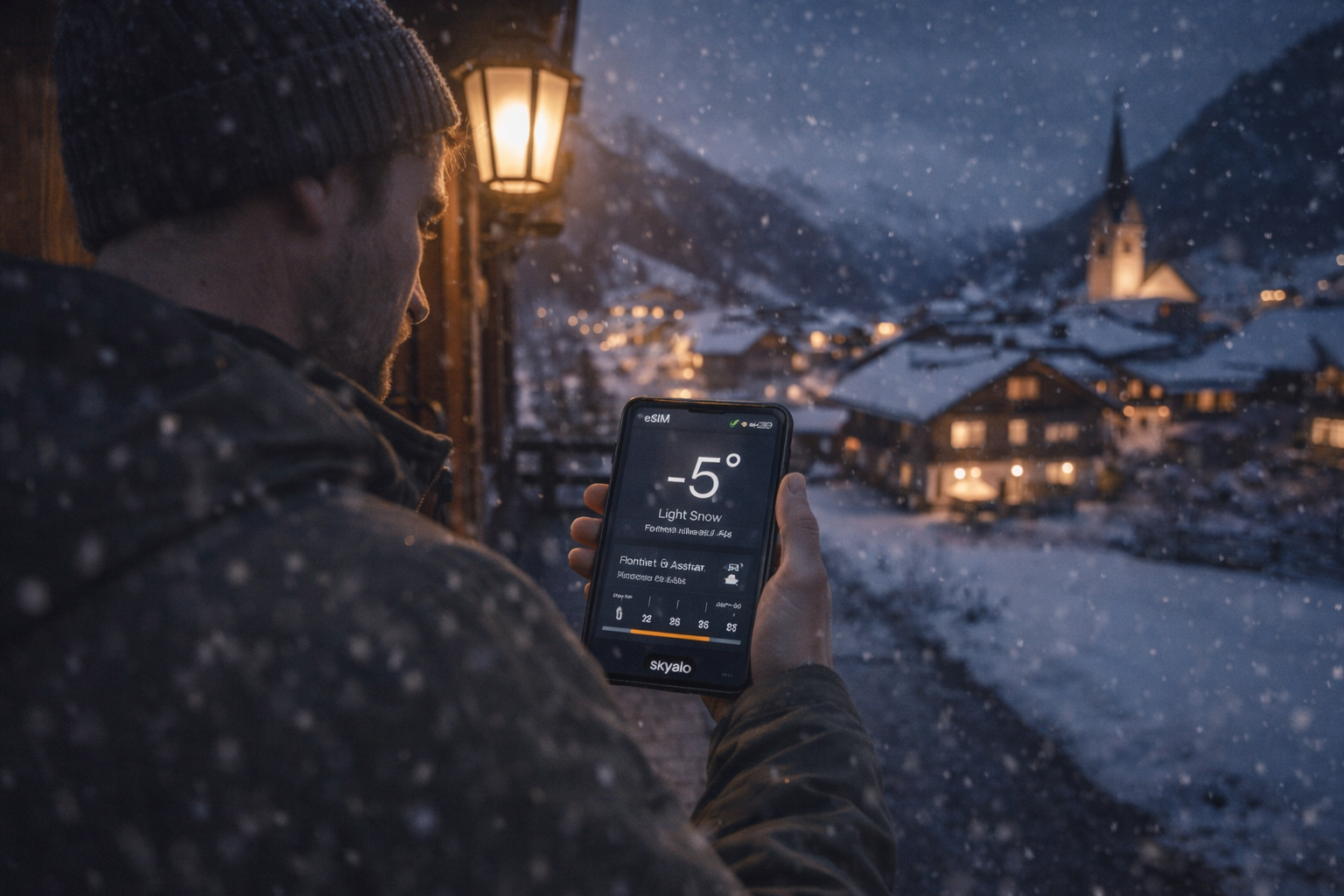 Checking the temperature in Kitzbühel via a smartphone with an eSIM for traveling in Austria