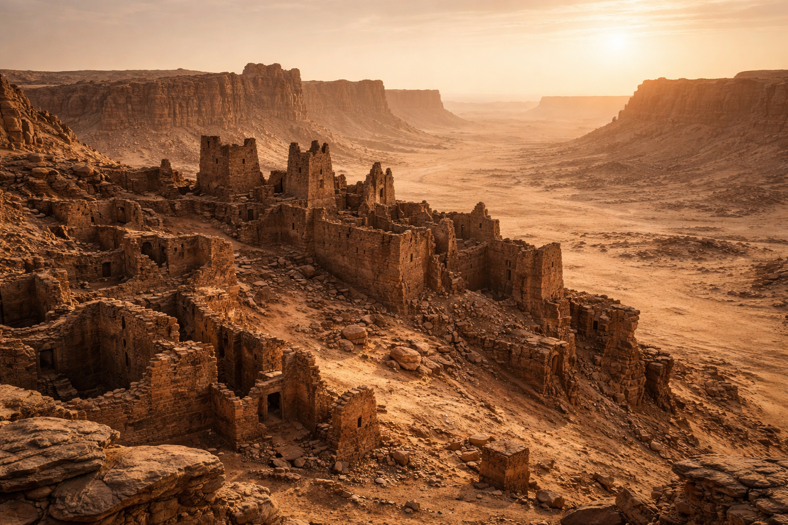 רמת ג'אדו והמבצר בניז'ר עם חורבות עתיקות, צוקי מדבר, אופק פתוח ואווירה קשוחה של הסהרה.