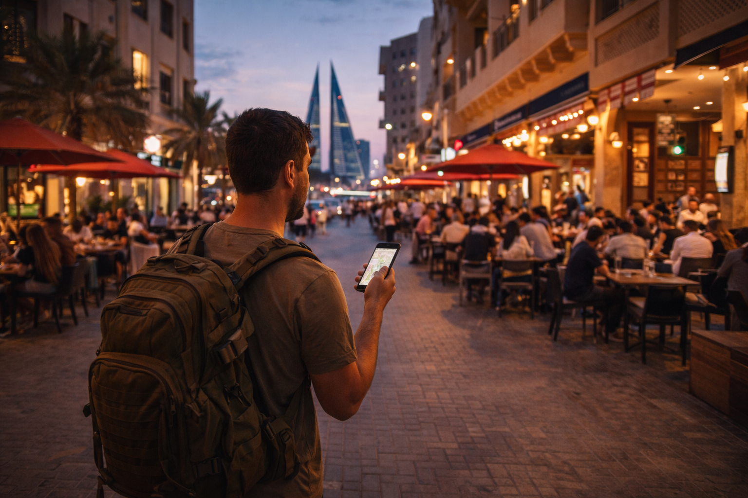 אדם מטייל ברובע עדליה עם סמארטפון בין בתי קפה ועיר ערב