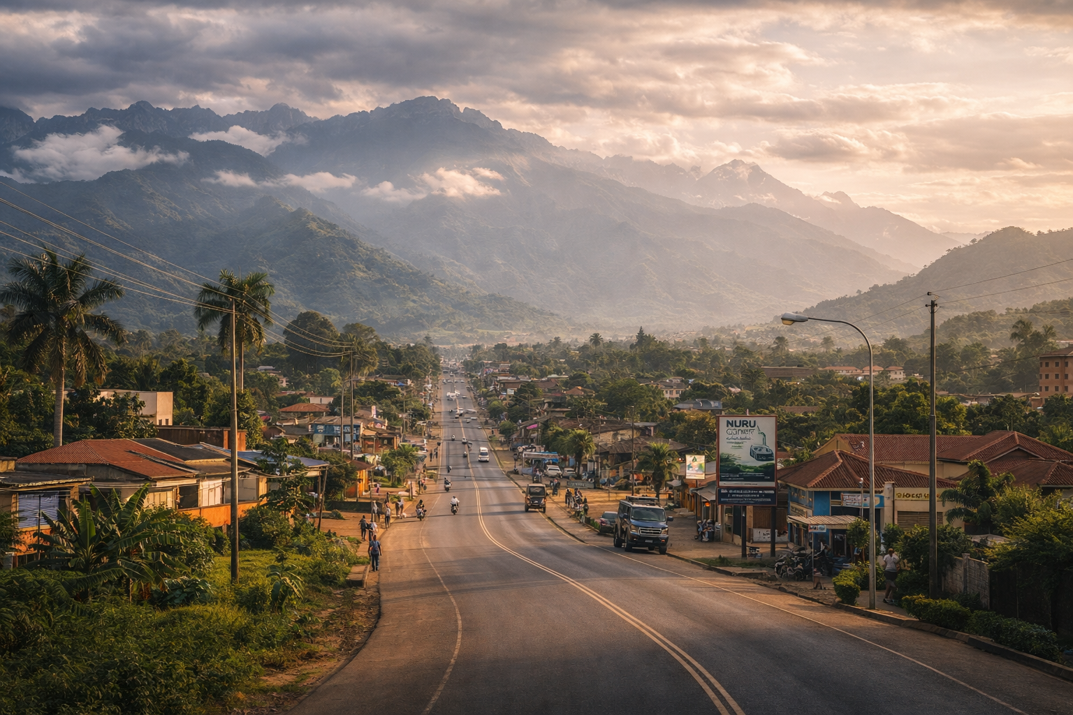 Kasese di Uganda dengan jalan terbuka, bandar di kaki gunung, landskap barat Uganda yang jelas dan suasana pangkalan untuk laluan seterusnya