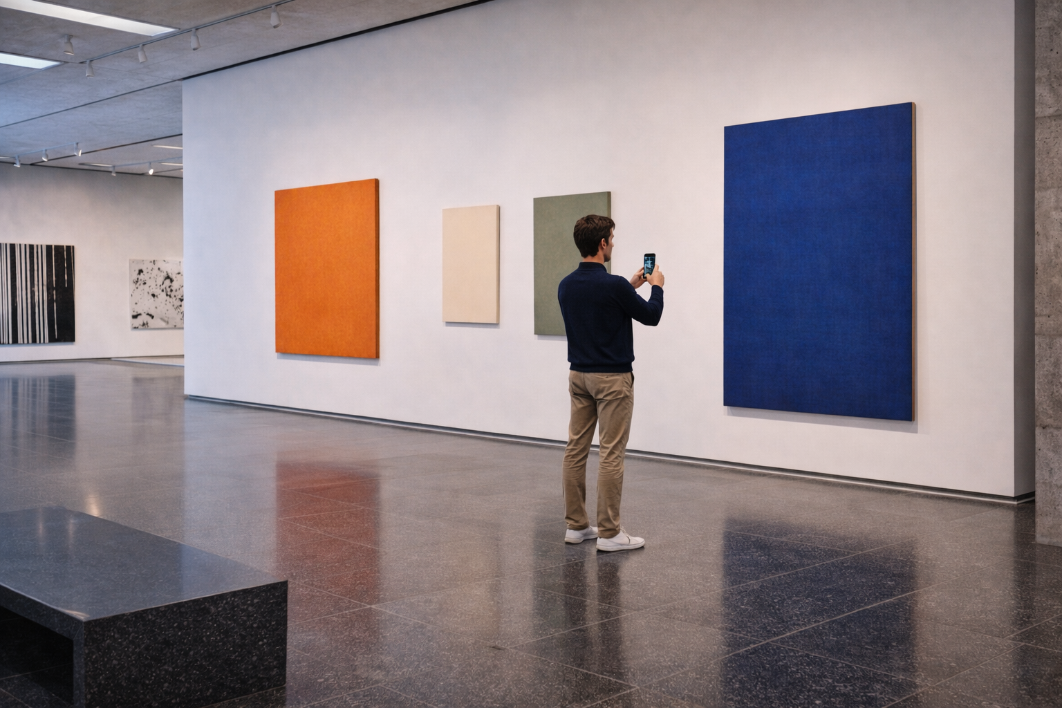 The Art Museum with modern architecture and a visitor using eSIM on a smartphone