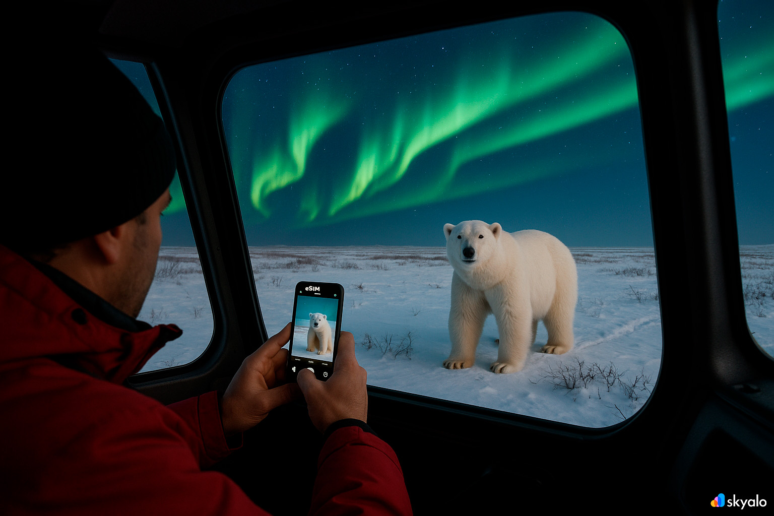 Tourist photographing polar bear from tundra buggy; eSIM by Skyalo active on phone, aurora glowing above