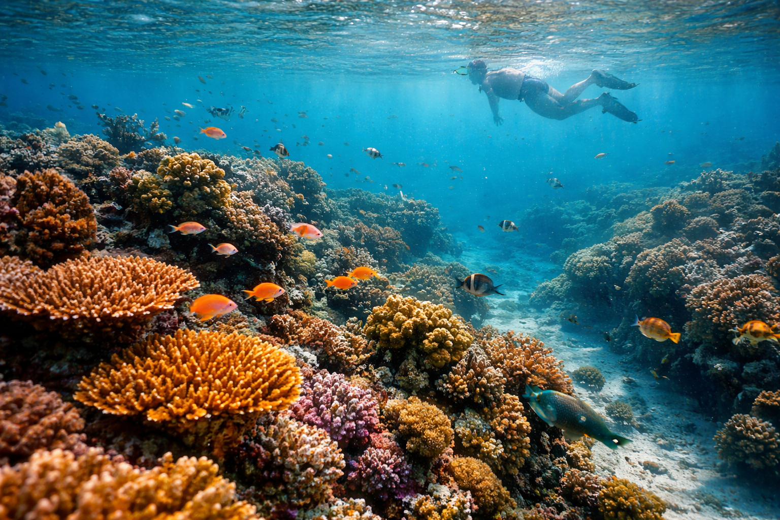 Guam’s coral reefs with fish and a person in the background