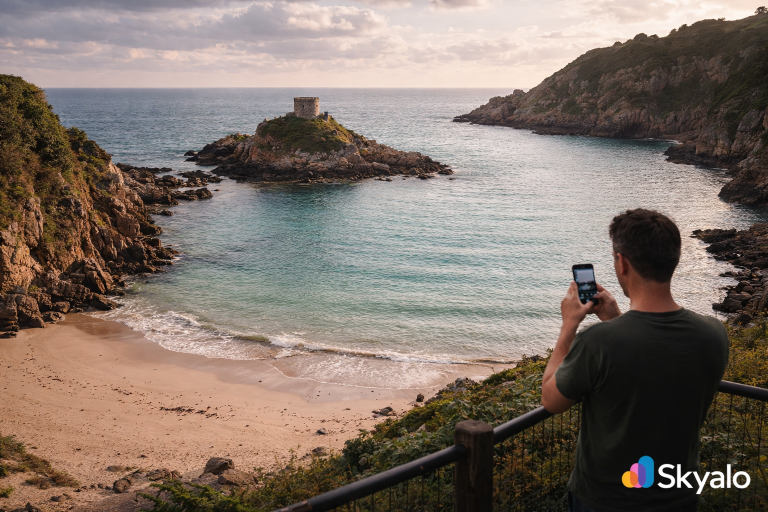 מפרץ פורטל בג'רזי עם חוף מבודד, ים שקט, סלעים מסביב ומטייל עם סמארטפון עם eSIM פעילה.