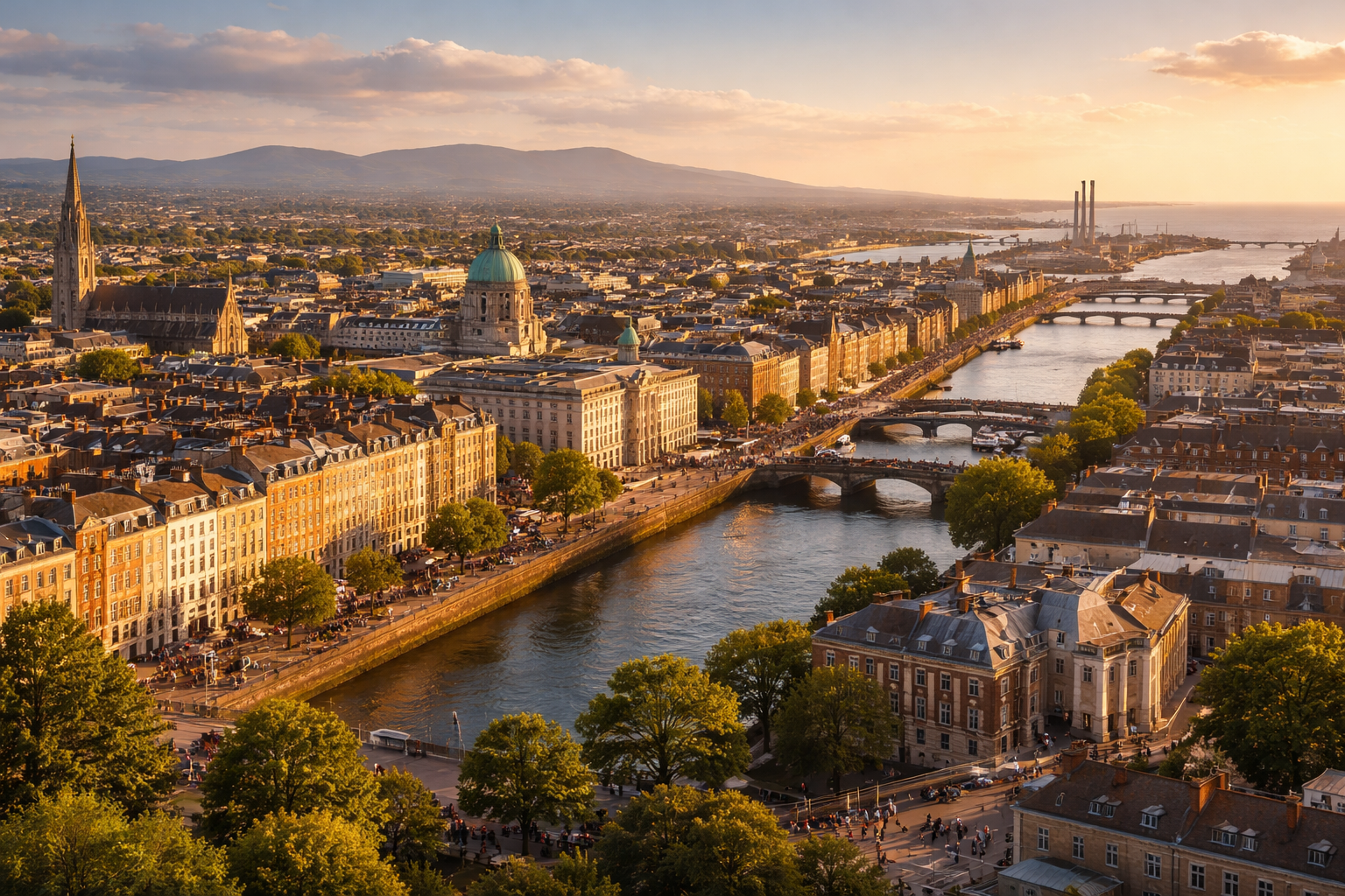 תצפית פנורמית על דבלין עם בנייה עירונית היסטורית, אור ים רך, פארקים ואווירה של בירה אירופית חיה.