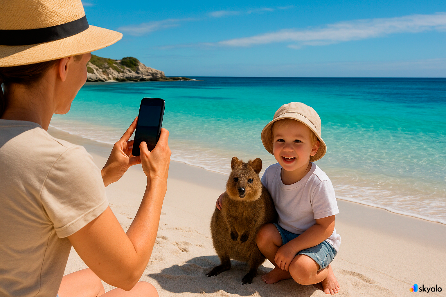 Mom photographs her child with a quokka on Rottnest; emerald bay and white sand behind