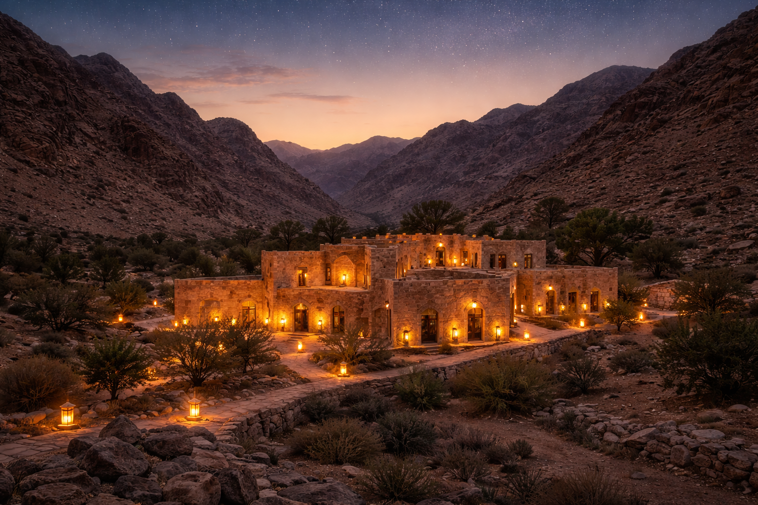 פיינאן בירדן עם לודג׳ אקולוגי בין הרי המדבר, נופי סלע, אור ערב רך ואווירת שלווה של התבודדות