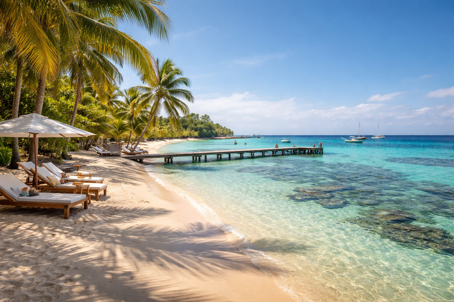 חוף ציורי באי רואטן בהונדורס עם חול לבן, מים טורקיז צלולים, דקלים ומזח עץ