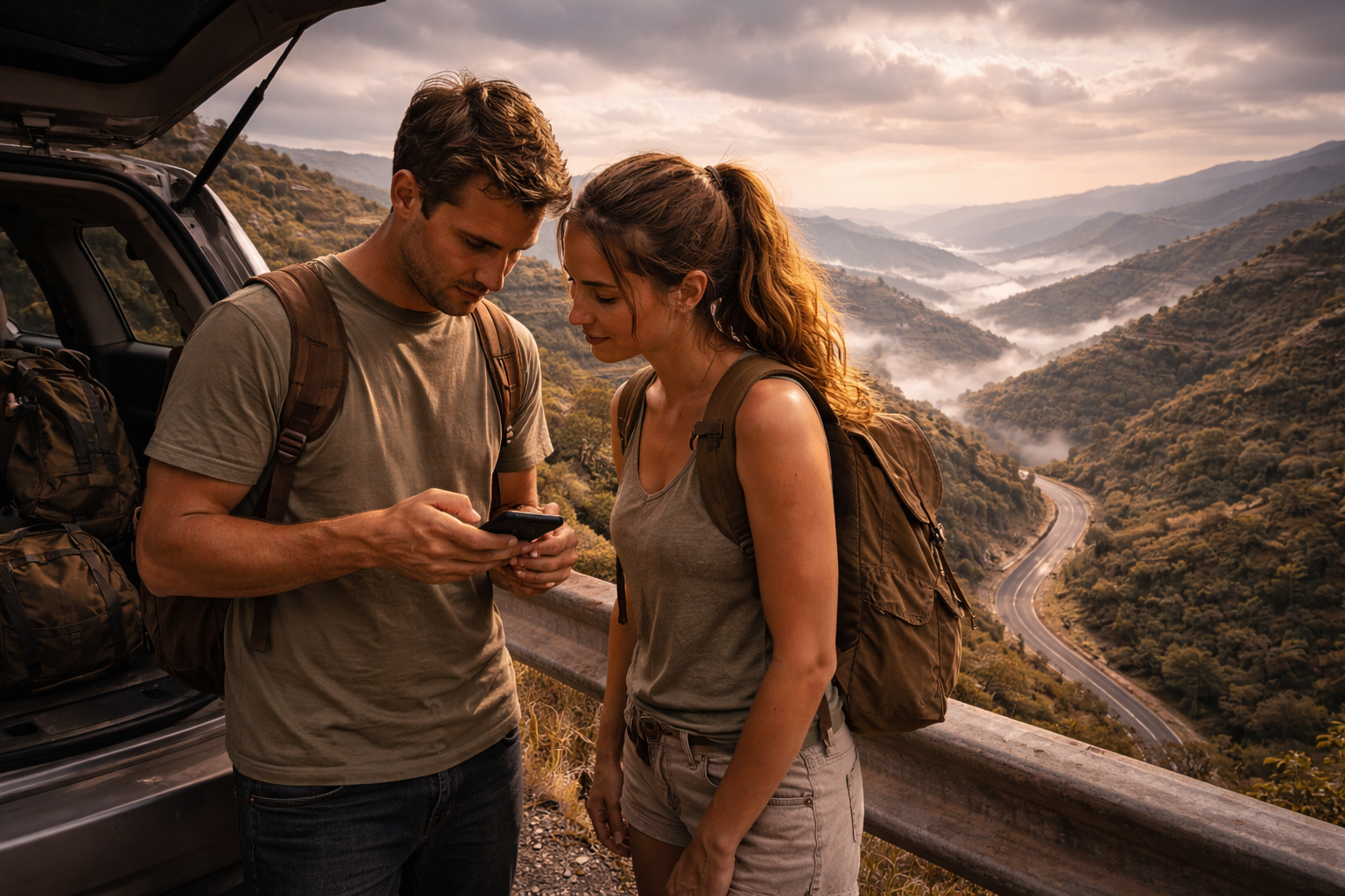 Pár cestovateľov na horskej ceste v Aseere