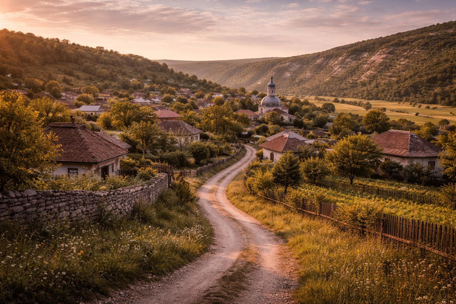 הכפר טרבוז׳ני במולדובה עם בתים כפריים, גבעות ירוקות, דרך שקטה ואור ערב רך.