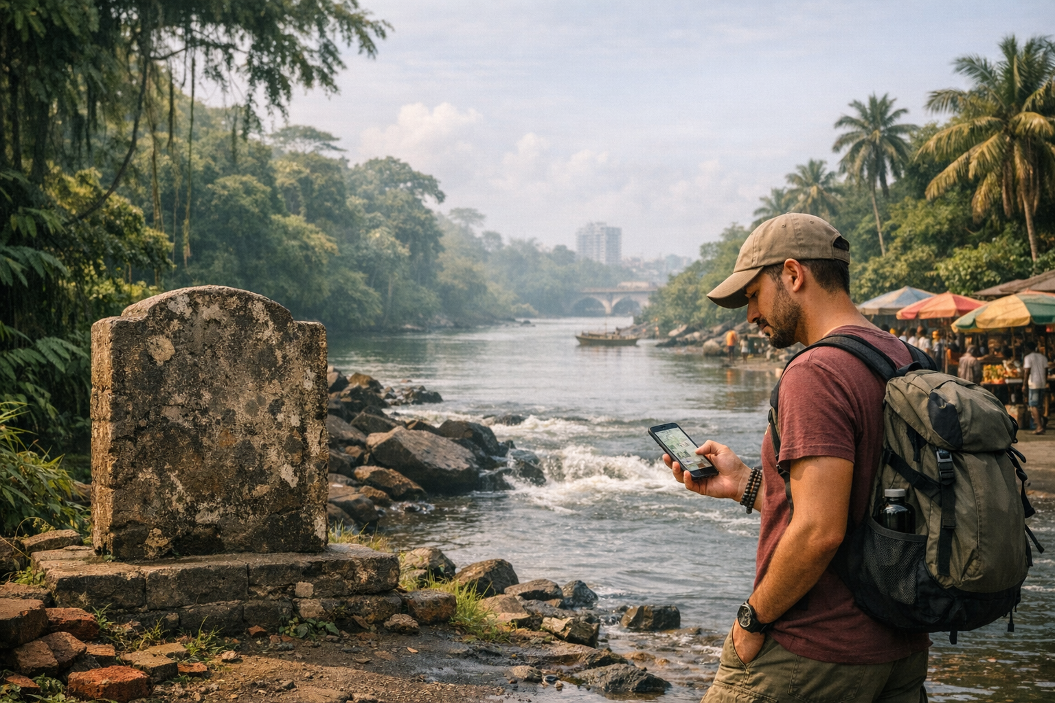 Providenso sala ir turistas, žiūrintis informaciją telefone