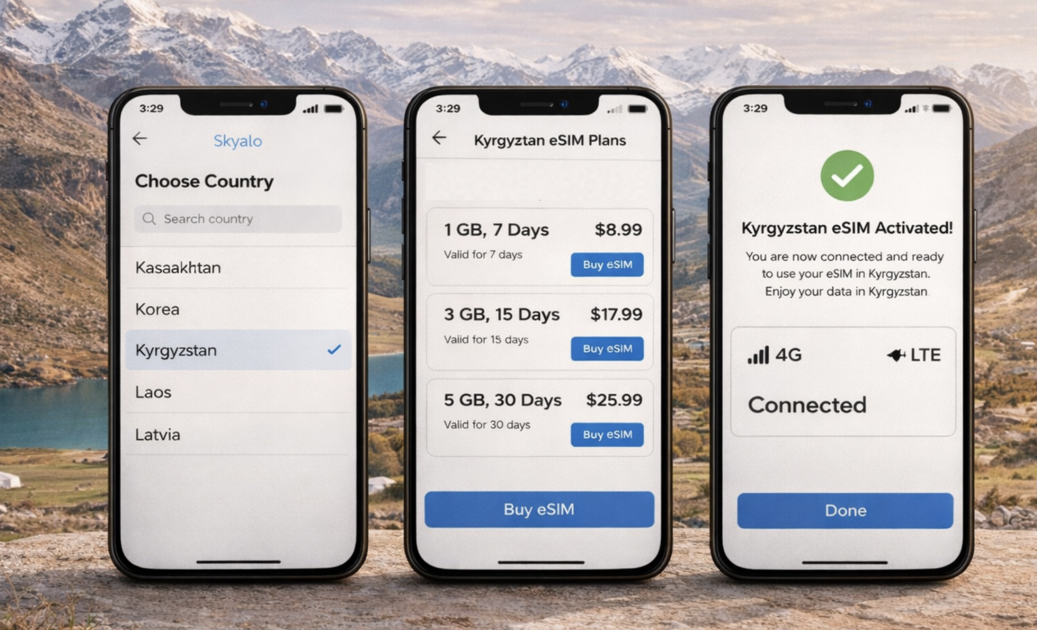 שלושה סמארטפונים בתהליך חיבור eSIM לקירגיזסטן על רקע נוף הררי: בחירת מדינה, חבילות והפעלה מוצלחת של האינטרנט