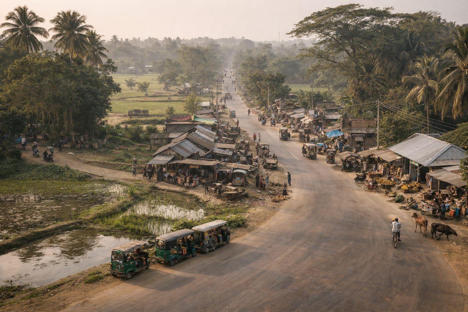 חיי היום-יום באזור טנגאיל עם שווקים מקומיים, כבישים ואווירה של בנגלדש הפרובינציאלית