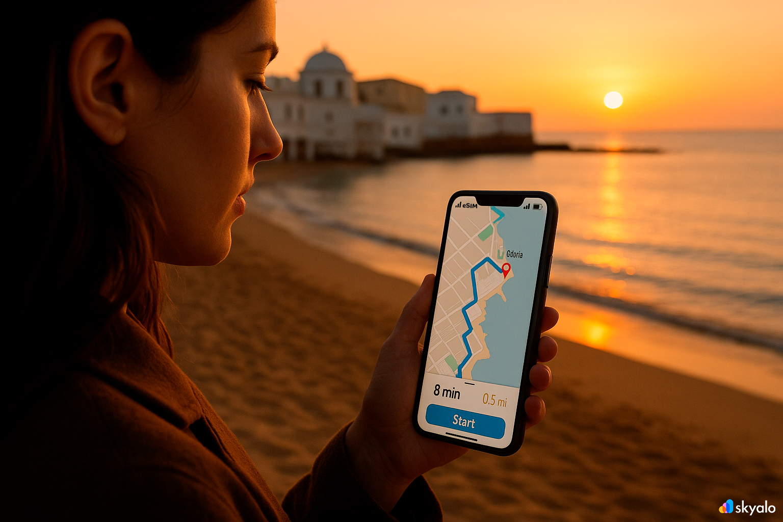 Route along La Caleta Beach in Cádiz, golden sand, white walls, and calm Atlantic waters