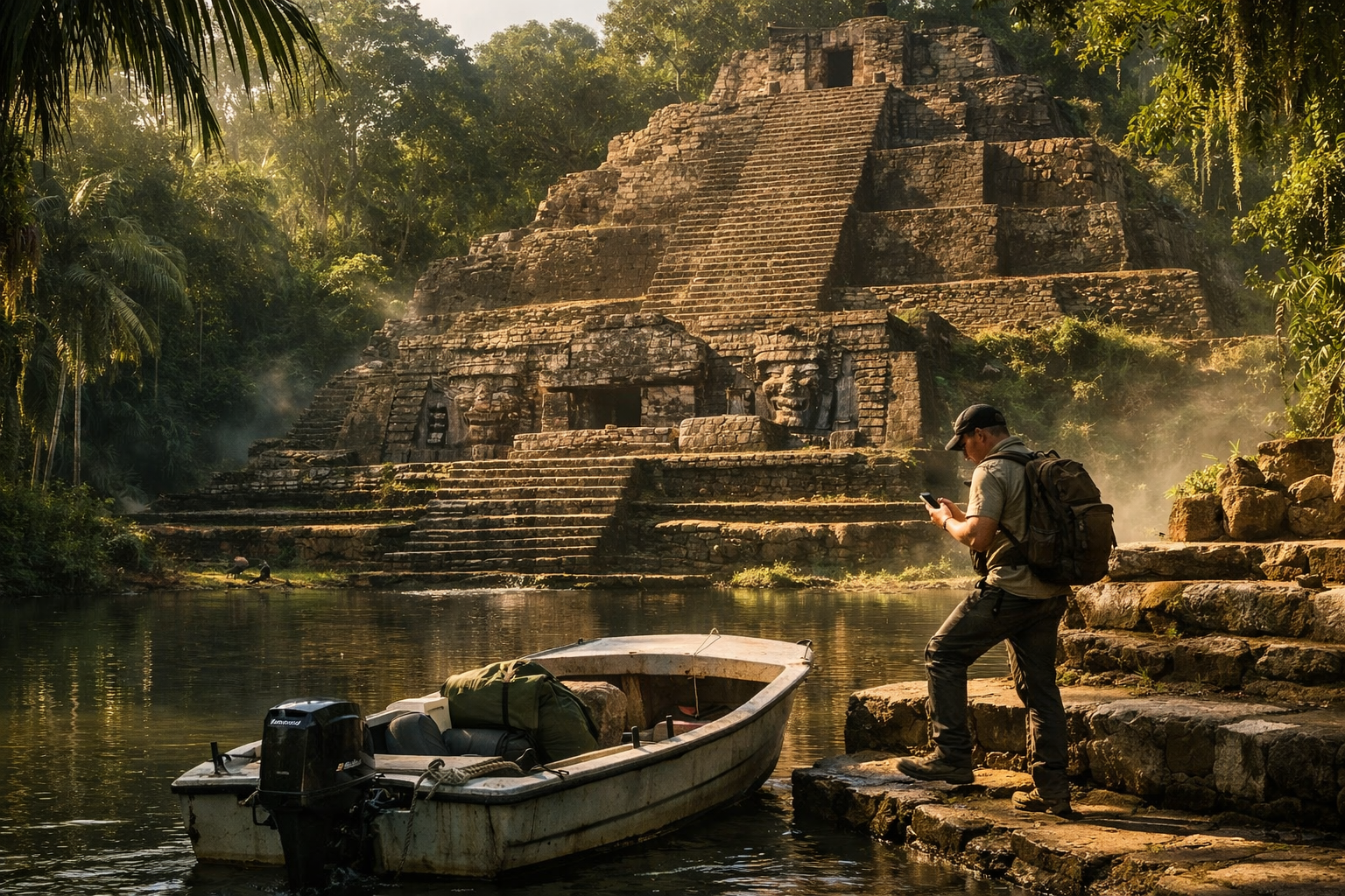 Руїни Ламанаю серед джунглів, турист із телефоном після прибуття на човні