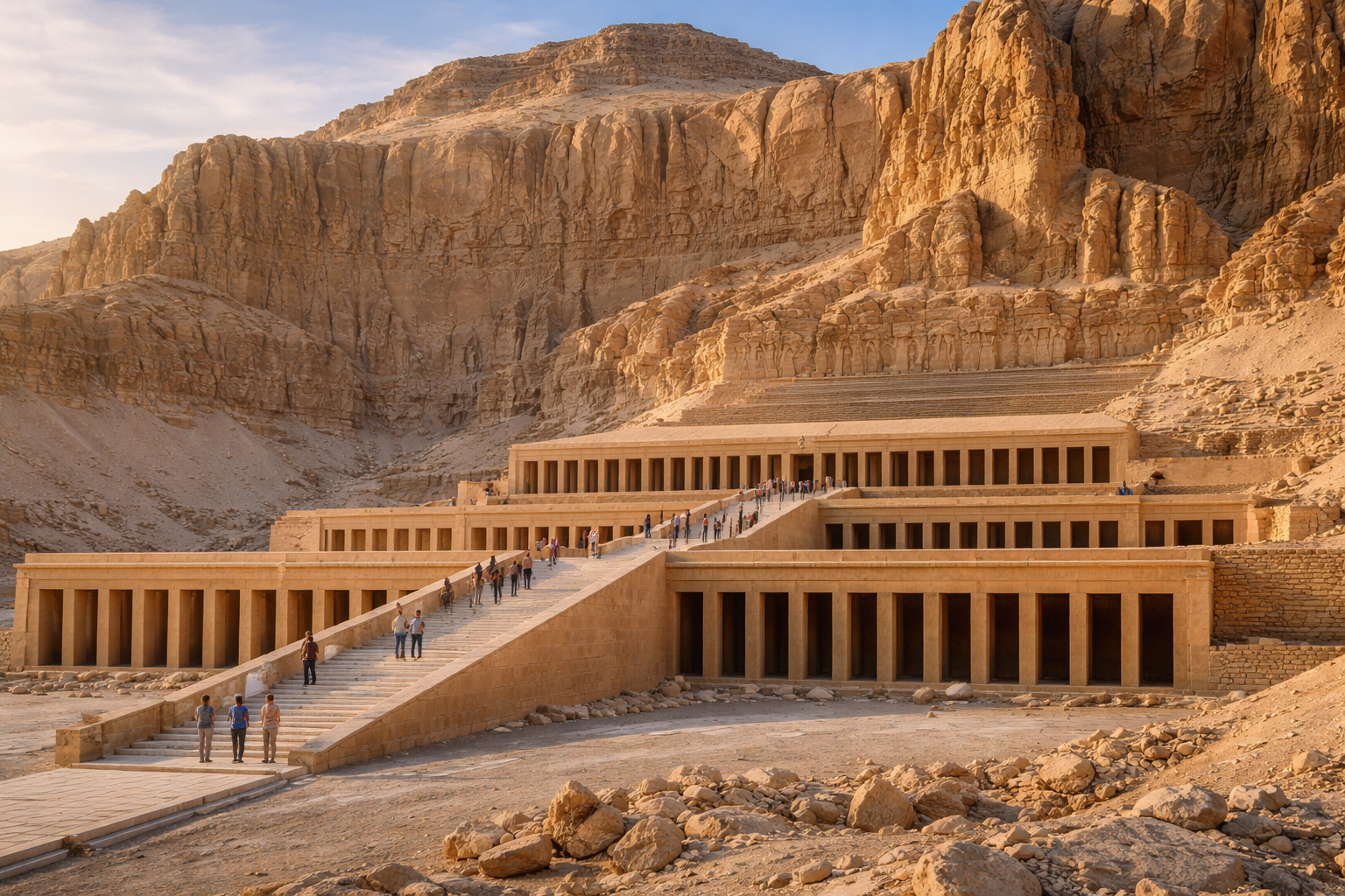 Queen Hatshepsut’s Temple by the cliffs of Luxor and tourists on the terraces — traveling in Egypt with eSIM internet