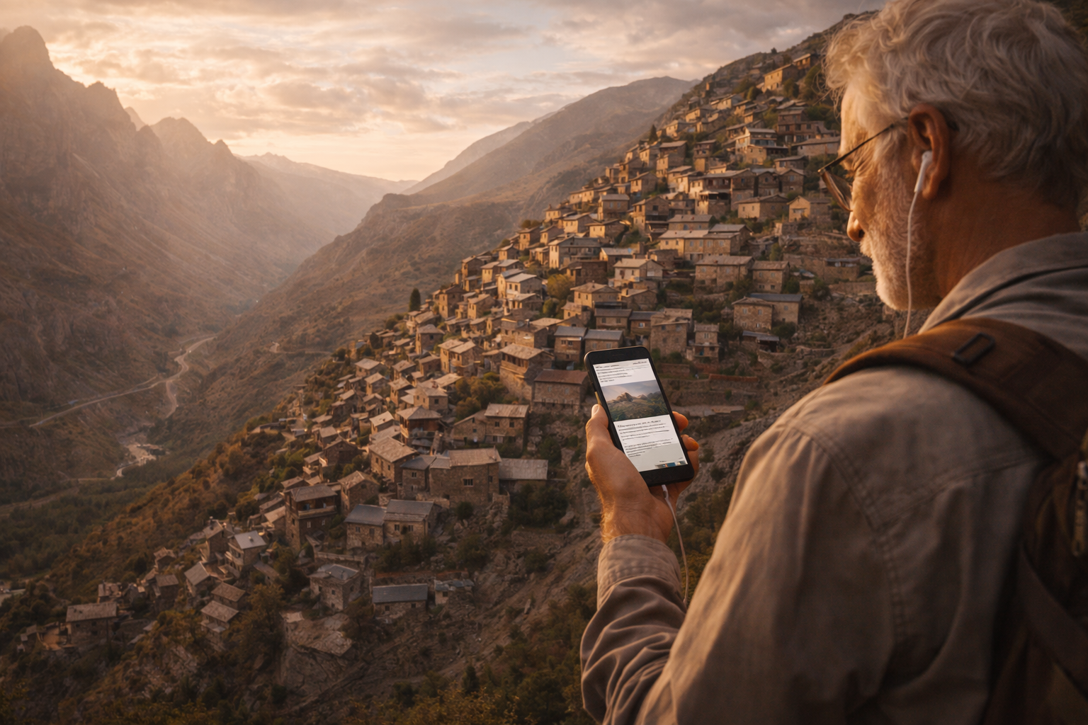 A panoramic view of a mountain village with a cascade of stone houses on a slope; an older traveler in profile reads an article on a smartphone, screen facing them; architecture and terrain take up most of the frame.