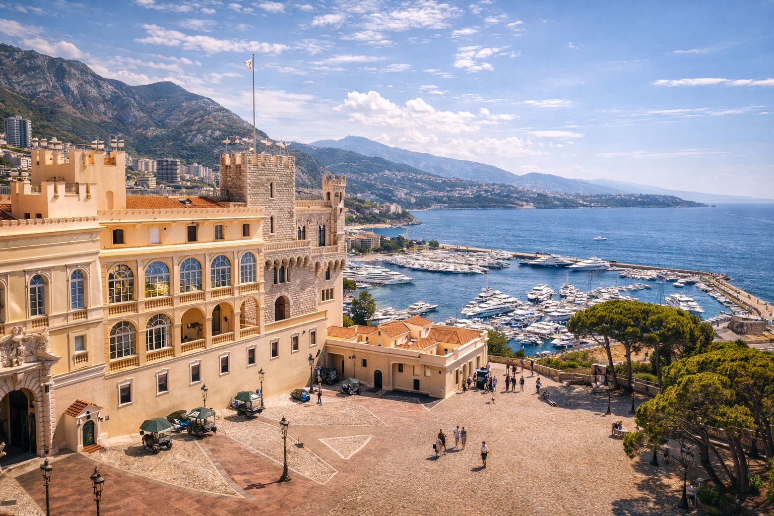 Port Hercules in Monaco with luxury yachts and a tourist holding a smartphone with an eSIM