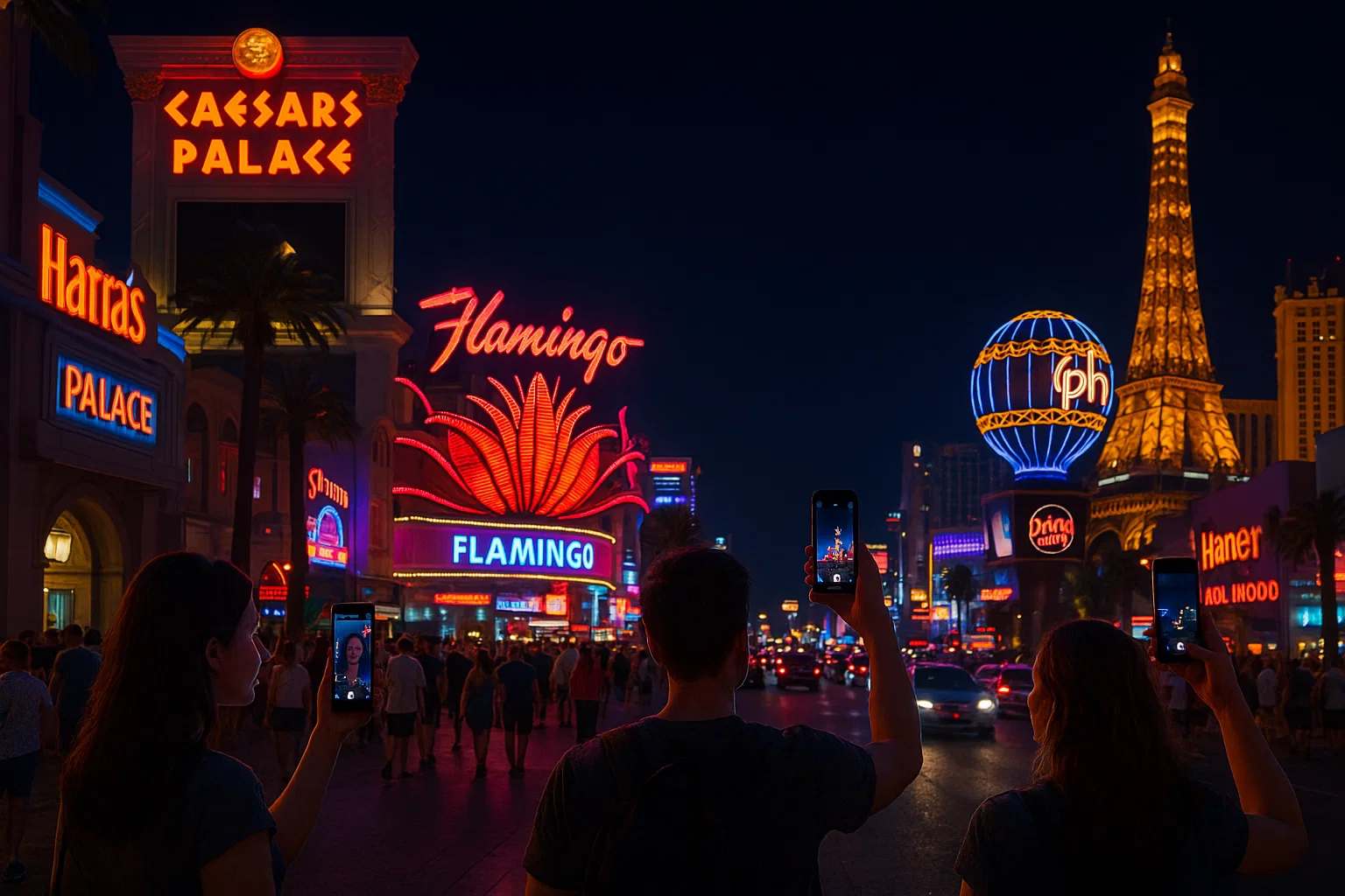 Tourists livestreaming on the Vegas Strip