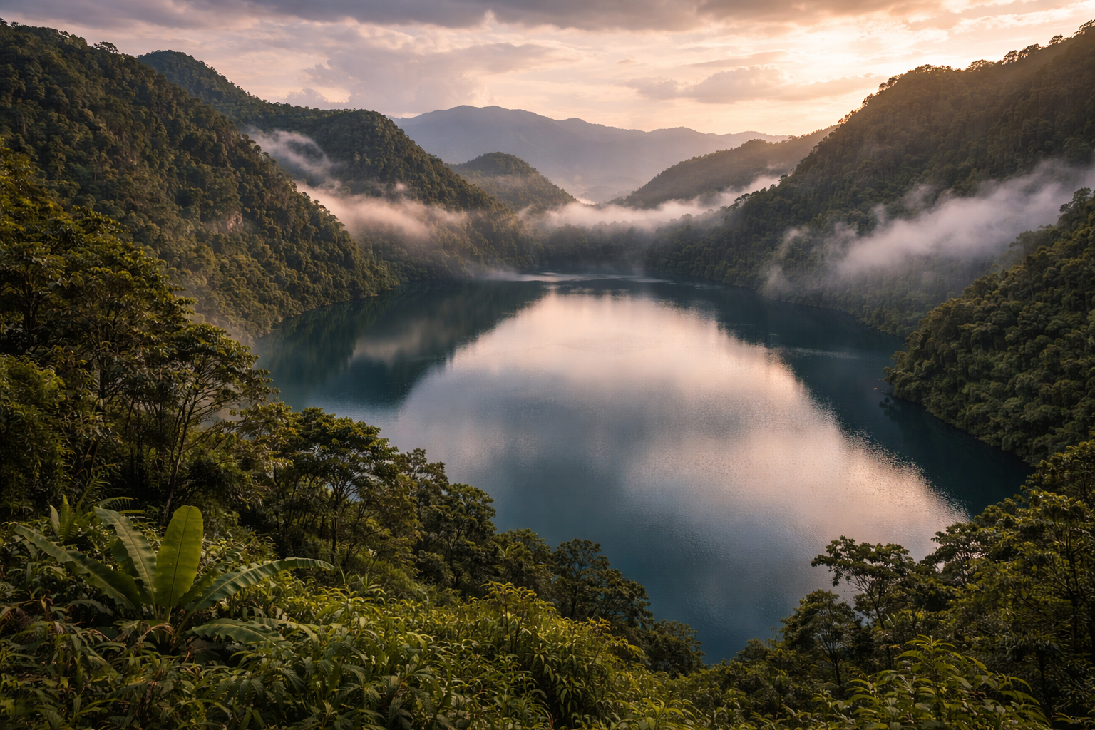 Lake Nyos in Cameroon among mountains and mist