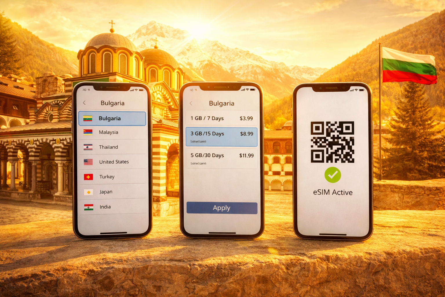 Connecting an eSIM for Bulgaria on a smartphone with plan selection and QR-code activation with Rila Monastery in the background