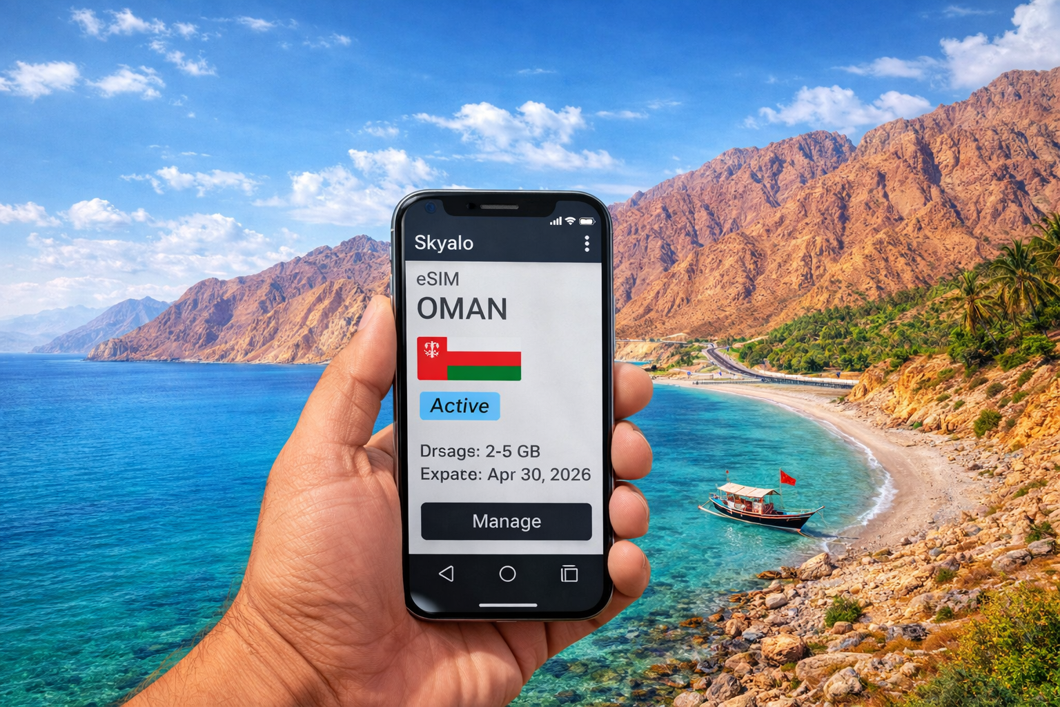 Smartphone με ενεργή eSIM Skyalo μπροστά από την ακτογραμμή του Ομάν και τα όρη Χατζάρ