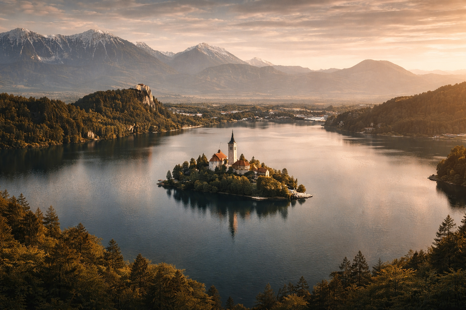אגם בלד בסלובניה עם אי, כנסייה, טירה על הצוק, מים שקטים והרים אלפיניים ברקע