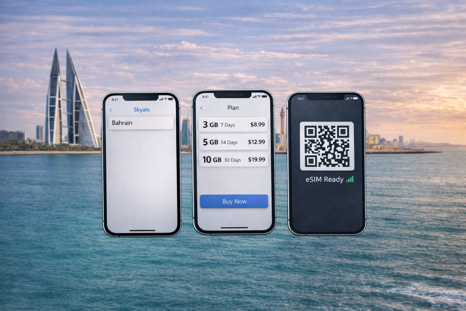 שלושה סמארטפונים עם eSIM לבחריין באפליקציית Skyalo, מרחפים מעל הים על רקע העיר