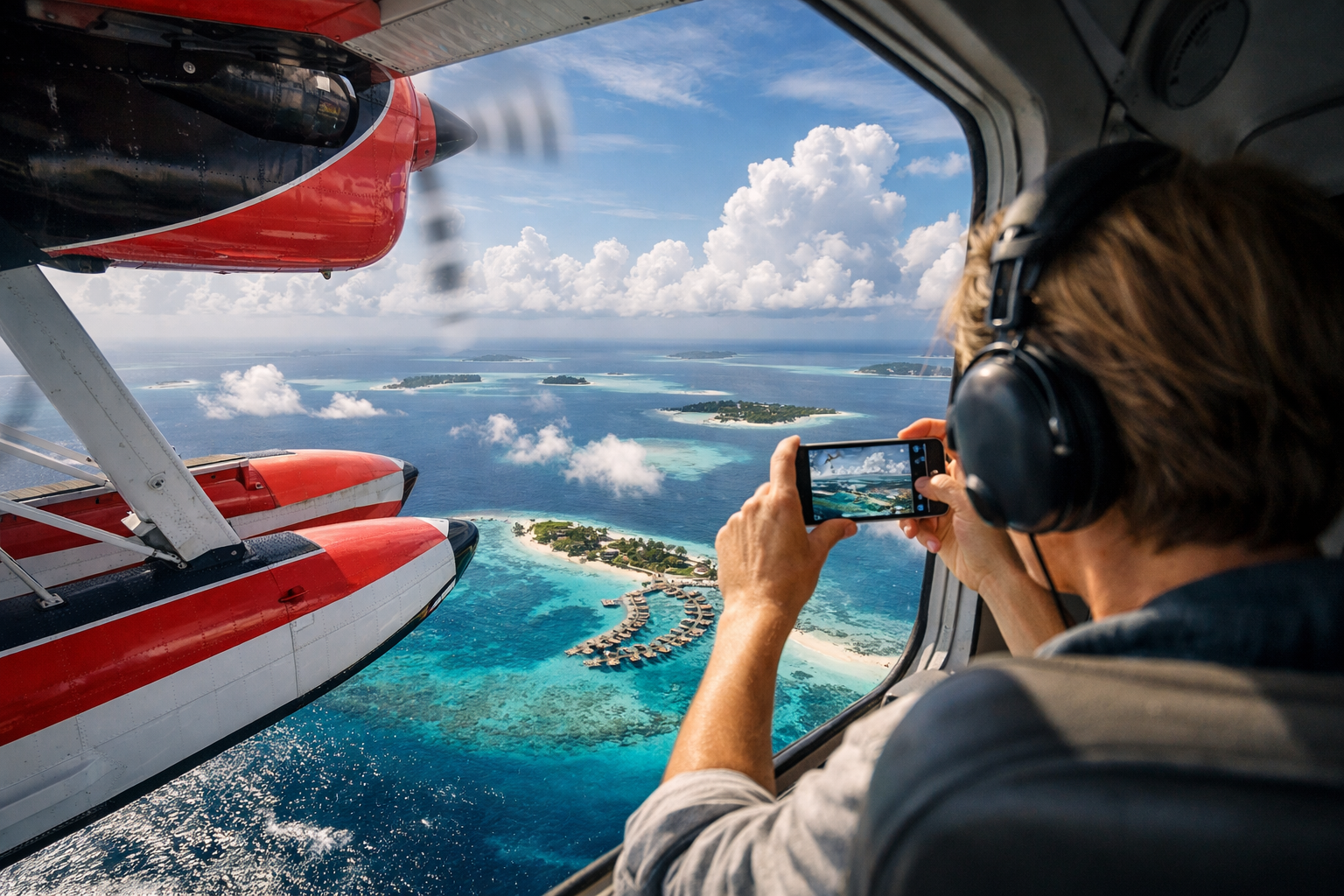 A seaplane over the atolls and a passenger sending photos via eSIM
