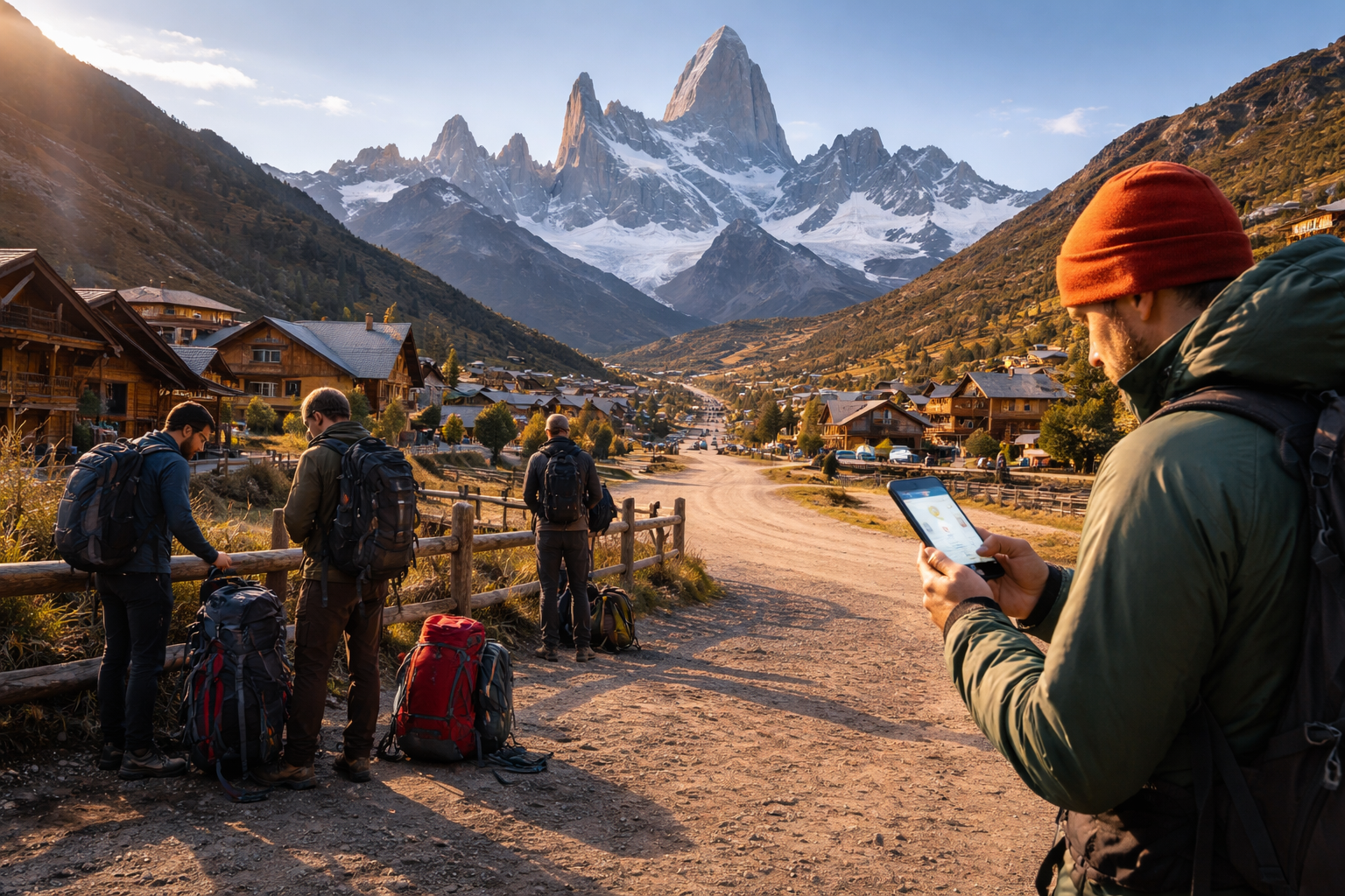 El Chaltén at the foot of Fitz Roy and tourists checking the forecast and route on a smartphone